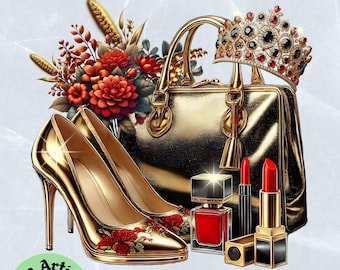 Puede incluir: Zapatos de tacón alto dorados con bordados florales rojos, un bolso de mano dorado con una correa de cadena dorada, una corona dorada y dos botellas de perfume con detalles rojos y dorados. El texto de la imagen dice "Gold Radiant Heels".