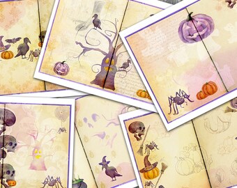 Digital HALLOWEEN Journal Pages,bats, skulls, witches, Halloween drawings,Journal paper,Stationery paper,Scrapbooking,Printable Papers