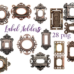 LABEL HOLDERS Clipart,Metallic Frames Clipart,Planner Elements,Scrapbooking Elements,Steampunk