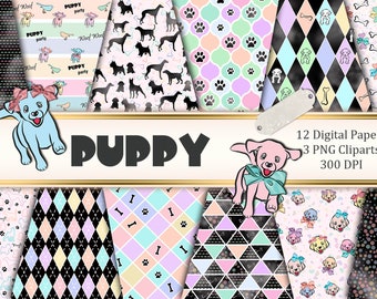 Dog Digital Scrapbook Kit PUPPY,Dog clipart,Dog digital pattern,Digital Planner stickers,Dog background,Puppy scrapbooking,Puppy clipart