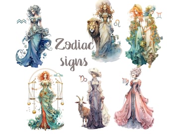 Watercolor ZODIAC SIGNS, Watercolor Girl clipart,Astrology Clipart,Leo Virgo Capricorn Cancer Sagittarius Pisces Aquarius Scorpio Clipart