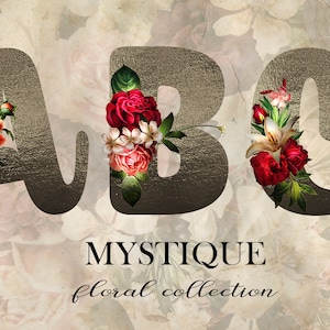 Alfabeto digital MYSTIQUE, letras de papel de aluminio metalic, letras digitales clipart,Floral fuente clipart, fuente de descarga instantánea en formato PNG