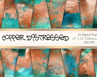 デジタル ペーパー パック COPPER DISTRESSED。錆びた銅箔の背景、印刷可能なスクラップブック用紙、金属のテクスチャ、銅の緑青の背景