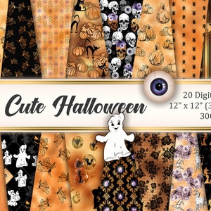 Digital CUTE HALLOWEEN papers, Orange Foil Halloween, bats, owls, skulls, witches, Halloween drawings