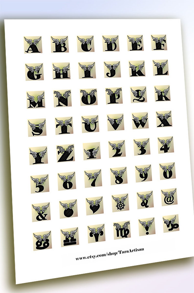 Printable Digital Art LETTERS WITH WINGS Square Images for Cabochons ...