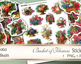 Adesivos de cesta de flores, corte exigente, folha imprimível de colagem digital, adesivos florais, adesivos de cesta floral vintage