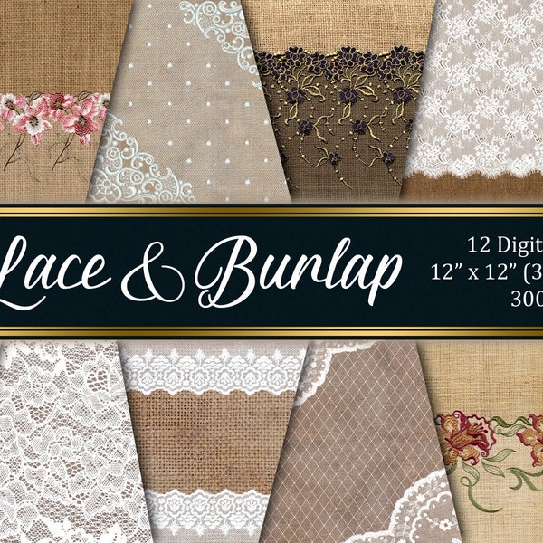 Digital paper pack LACE&BURLAP,Burlap digital paper,Lace clipart borders,Paper rustic shabby chic wedding,Scrapbook kit,Lace textures