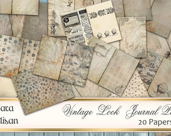 May include: A collection of 20 vintage-looking journal pages with various patterns and designs. The pages are in shades of beige, brown, and cream, with some featuring floral patterns, others with text, and others with simple borders. The pages are arranged in a random pattern, creating a visually appealing collage.