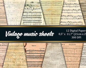 Digital paper VINTAGE MUSIC SHEETS,Shabby Sheet Music Papers printable 8.5 x 11 inch paper pack crafting journal pages scrapbooking