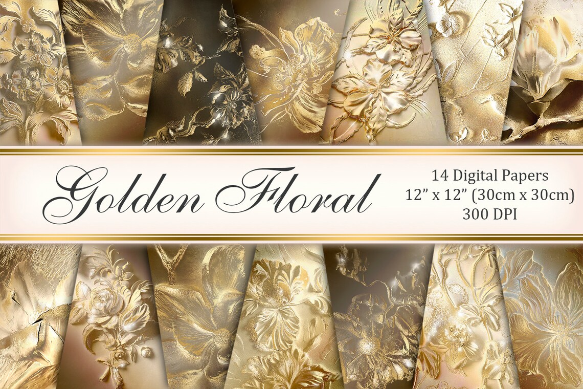 Gold Foil Digital Paper Pack GOLDEN Floralfloral Digital Etsy
