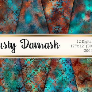 Digital paper pack RUSTY DAMASK,Rusted Copper foil background,Printable scrapbook paper,Metallic textures,Ornament Copper Patina background