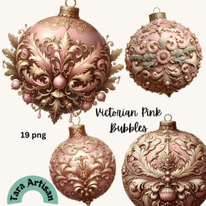 VICTORIAN PINK BUBBLES Clipart, Imágenes Prediseñadas de adornos de bolas de Navidad, gráfico de decoración de árbol de Navidad azul, imágenes prediseñadas de adorno de bola