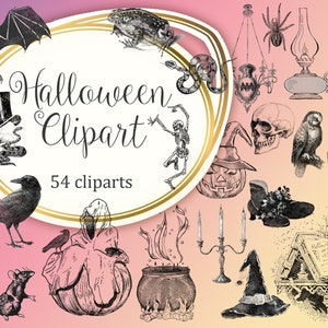 Digital HALLOWEEN CLIPART, Vintage Halloween Clipart, bats, owls, skulls, witches, Halloween drawings
