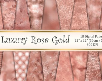 May include: Set of 18 digital papers in rose gold colour with various textures, including glitter, foil, and geometric patterns. 12" x 12" (30cm x 30cm), 300 DPI.