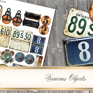 May include: A sheet of vintage-style digital paper featuring various objects, including rusty metal numbers, old license plates, and floral designs. The paper is perfect for scrapbooking, card making, and other crafting projects.