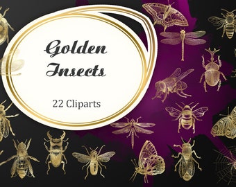 Digital Clipart  GOLDEN INSECTS,Beetle Lady Bug Clipart,Butterfly Clipart,Insects Golden Foil,Lilac Watecolor Stains,Watercolr Smears