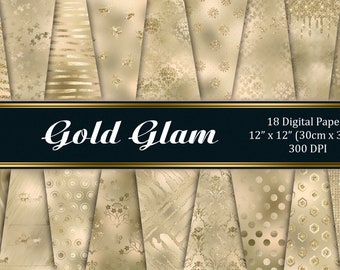 Digital paper pack GOLD GLAM,Gold foil glitter background,Birthday party invitations,Printable scrapbook paper,Damask digital textures