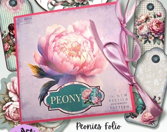 PEONIES FOLIO Kit,Junk Journal Tunnel Book,Journal Ephemera,Printable Folio,Peony,Journaling,Scrapbooking,Embellishment
