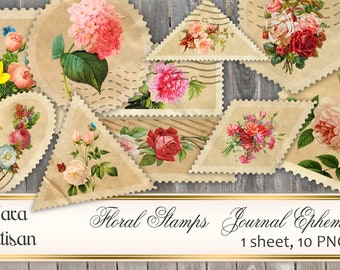 FLORAL STAMPS Digital Journal Ephemera,Vintage Journal Stamps,Scrapbooking Elemnts,Paper Craft Supplies,Collage Sheet,Card Making