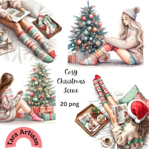 Cozy Christmas Scene,Christmas Clipart PNG,Girl Clipart,Christmas cozy home scene,Instant download,Watercolor Christmas,Coyz Girl Clipart