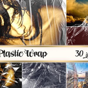 Puede incluir: Un collage de imágenes que presentan diferentes texturas de film transparente. Las imágenes muestran la cara de un hombre, un cielo nublado, una superficie roja, una superficie negra y una ciudad. El texto "Plastic Wrap" y "30 .ipa" es visible en la imagen.