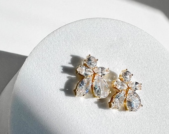 Marquise Cubic Zirconia Gold Flower Earring, Mixed Shape Cluster Post Earring, Cluster Floral Earring, Gold Crystal Post Earring