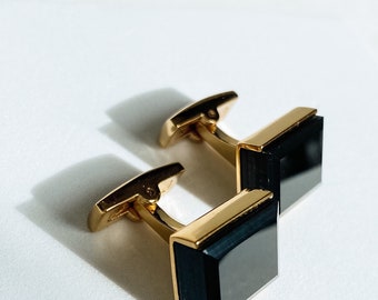 Black Emerald Cut Crystal Cufflinks, - Gold and Black Modern Cufflink, Wedding, Groom, Groomsmen, Father of the Bride Groom Gift