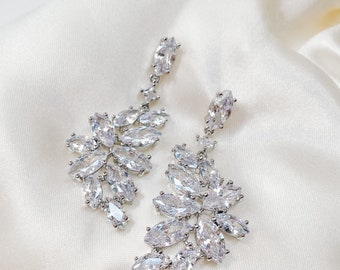 Silver Statement Bridal Earring, Cubic Zirconia Marquise CZ Earring, Wedding Earring, Crystal, Dangle Earring, Post Earring