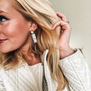 Marbled Howlite Gemstone Rectangle Drop Earrings - Brushed Gold Round Posts with 14k Electrolated Howlite Pendants