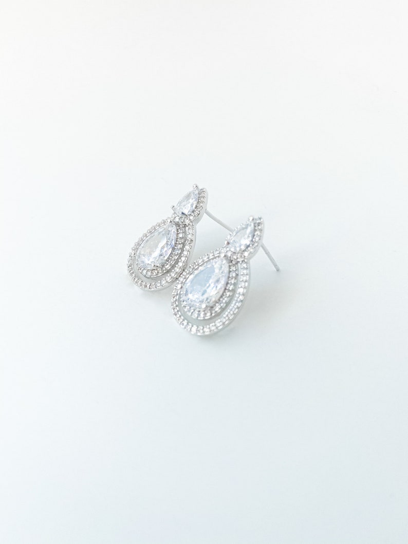 Bride Silver Cubic Zirconia Marquise and Single Level Teardrop Post Drop Earring Dangle Mother Of The Bride Bridal Earring