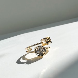 Open Gold Clover Cocktail Ring with Two Block Details, Clover Statement Earring, Gold Clover Cocktail Ring