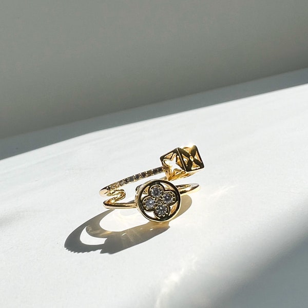 Open Gold Clover Cocktail Ring with Two Block Details, Clover Statement Earring, Gold Clover Cocktail Ring