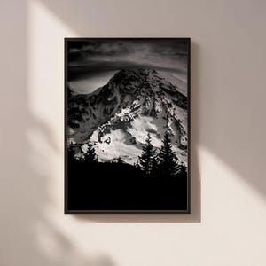 Mt Rainier Printable Wall Art, Digital Download, Black and White Photography