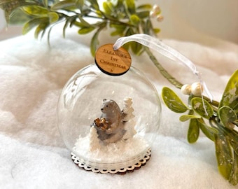 May include: A glass ornament with a small bear figurine inside, sitting on a snowy base. The ornament has a wooden tag attached with the text "Eleanor's 1st Christmas".