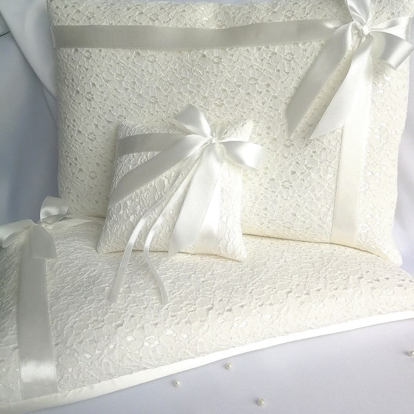 Set of 3 ivory wedding kneeling pillows and ringpillow/Ceremony pillow/Satin and lace pillows for wedding/