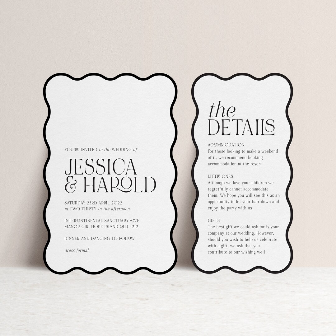 HAPPILY EVER AFTER Printable Wedding Invitation and Details Card Template, Wavy, Instant Digital ...