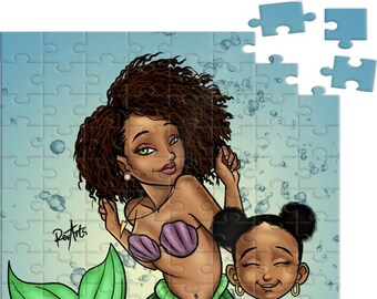 African American Mermaid Puzzle, Mommy and Me, African American Gift, 120 Piece Puzzle