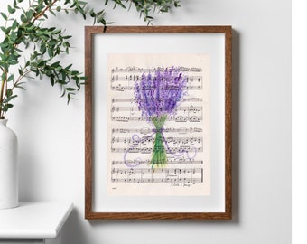 Lavender Bouquet Sheet Music, Partituras Antiguas, Vintage, Página De Libro De Partituras, Acuarela, Regalo Amante de la Música Arte Mural Flor, 9x12" Impresión