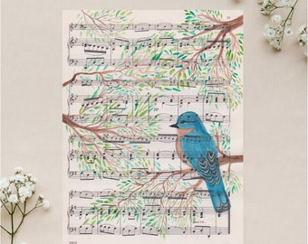 Blue Bird Sheet Music, Partituras antiguas, Vintage, Página de libro de partituras, Acuarela, Regalo para amantes de la música Arte mural de pájaros, 9x12" Sólo impresión