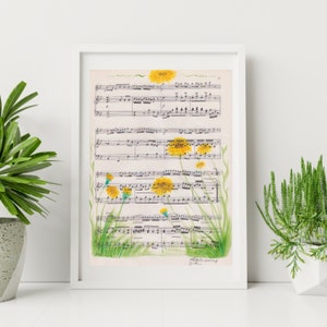 Dandelion Sheet Music, Antique Sheet Music, Vintage, Sheet Music Book Page, Watercolor, Music Lover Gift Flower Wall Art, 9x12” Print Only