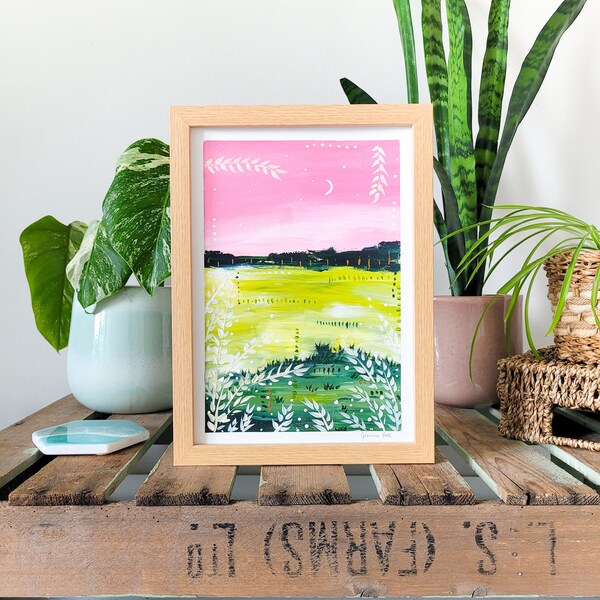Countryside Painting Original Acrylic Art - "Pink Dawn" 21x30cm (A4) - Acrylic 300gsm PAPER - Abstract Landscapes - by Gemma's Art Studio