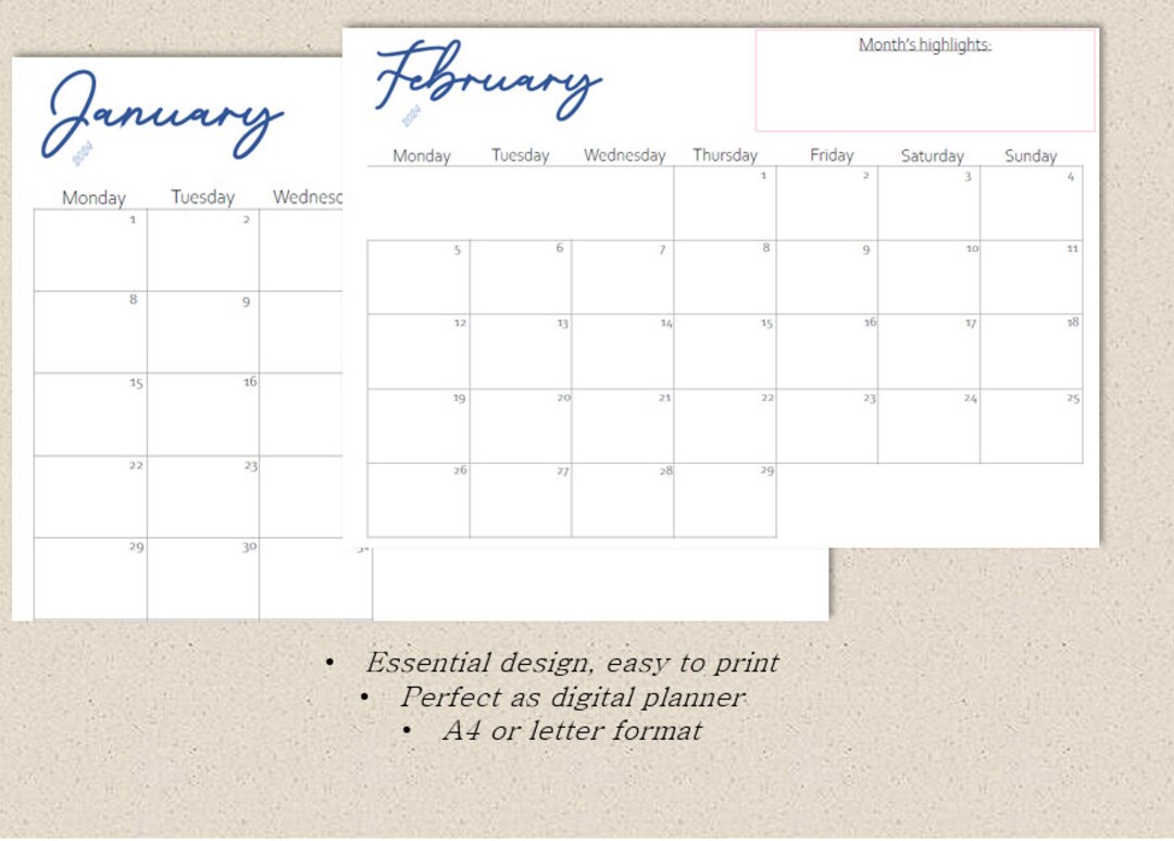 2024 Monthly Printable Digital Calendar Monday Start - Etsy