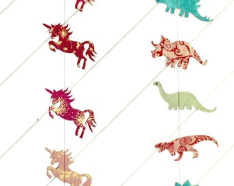 Girlande Einhorn oder Dino aus handgemachtem Papier bunt Papiergirlande Dinosaurier Einhorn