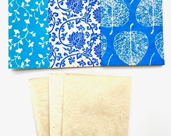 Briefpapier KartenSet Lokta blau Blumen handgeschöpft