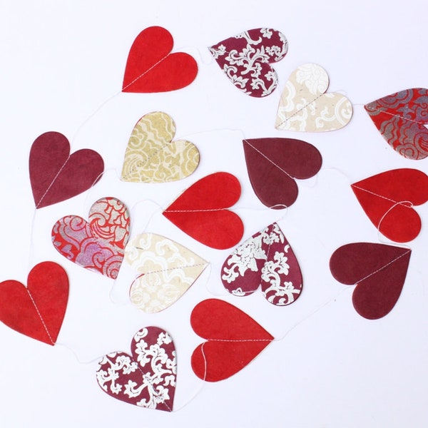 Garland Lokta paper hearts red, gold, white