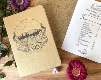 Bard Graphic A5 Character Creation Book - Handmade, character book, dnd, dnd 5e, character log book, bard