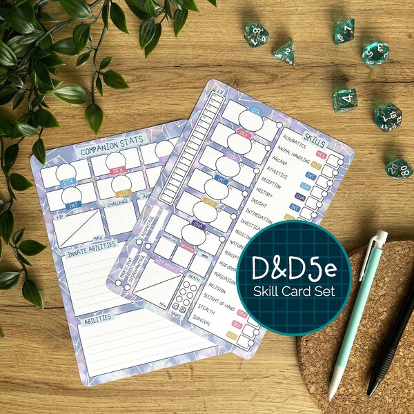 Starry Dice A5 D&D5e Skill Card Set – rollables card, ttrpg specific info, class abilities, companion card