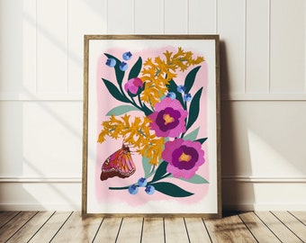 Poppy flowers and bird print - A5 / A4 / A3 Wall art