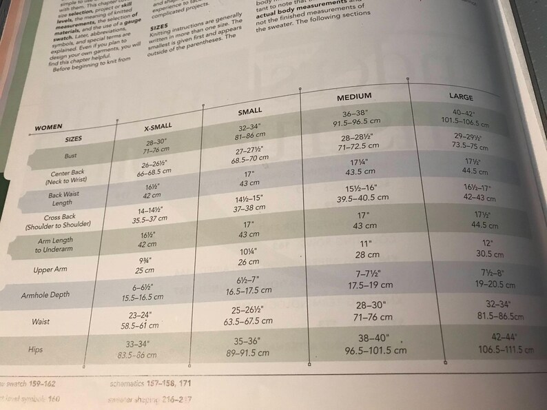 May include: A page from a knitting pattern book displaying a size chart for women's sweaters. Measurements are listed in inches and centimeters for bust, waist, hips, and other areas, with sizes ranging from X-Small to Large.