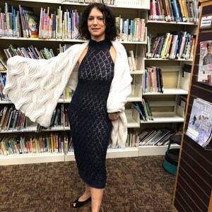Hand knit evening dress;Size: small/medium
material: baby alpaca; Color: midnight blue
Bare shoulders same front and back style
Shawl sell separate, see separate listing for it